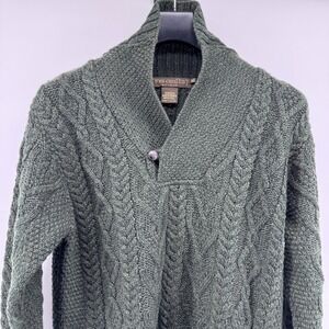 Inis Crafts Cable Knit Fisherman Sweater Green Wool Shawl Collar Pullover XL